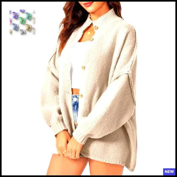 Oversized Chunky Knit Cardigan Lantern Sleeve Button Down Loose Fit Sweater Coat